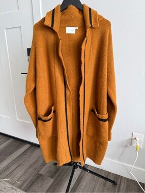 Lush Mustard Orange Open Front Cardigan with Black Trim